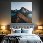 Rugged Mountains With Hiking Trails And Body Of Water Dawn Or Dusk