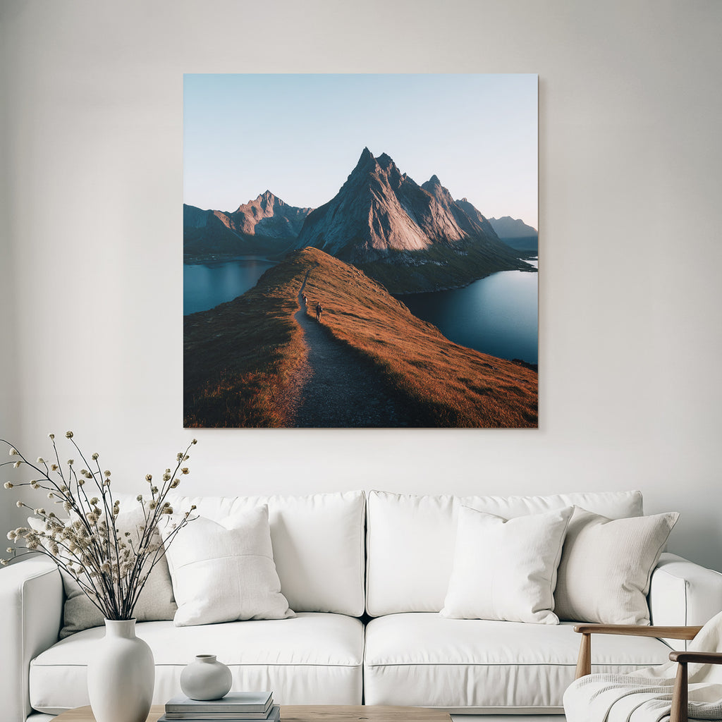 Rugged Mountains With Hiking Trails And Body Of Water Dawn Or Dusk
