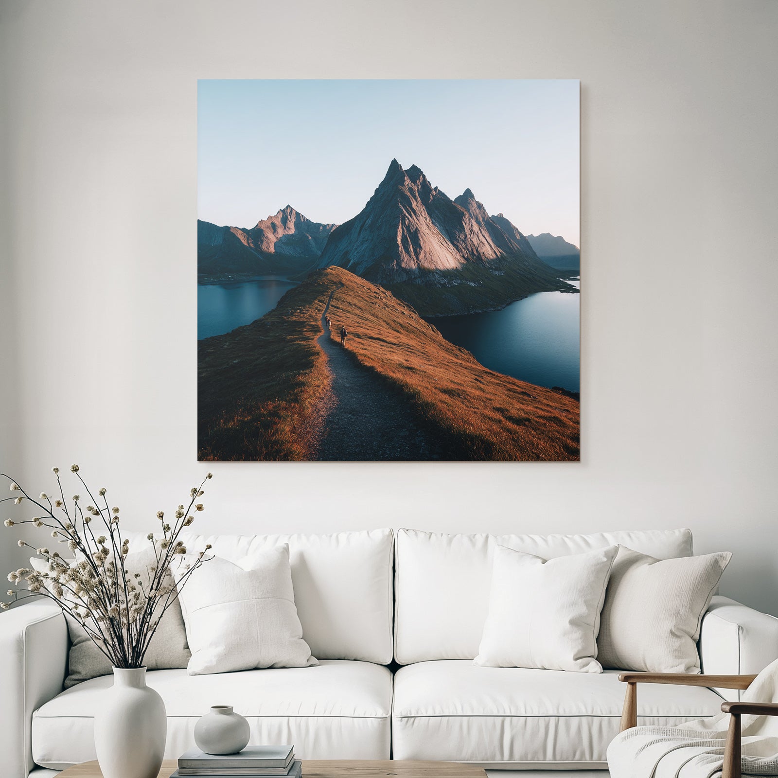 Rugged Mountains With Hiking Trails And Body Of Water Dawn Or Dusk
