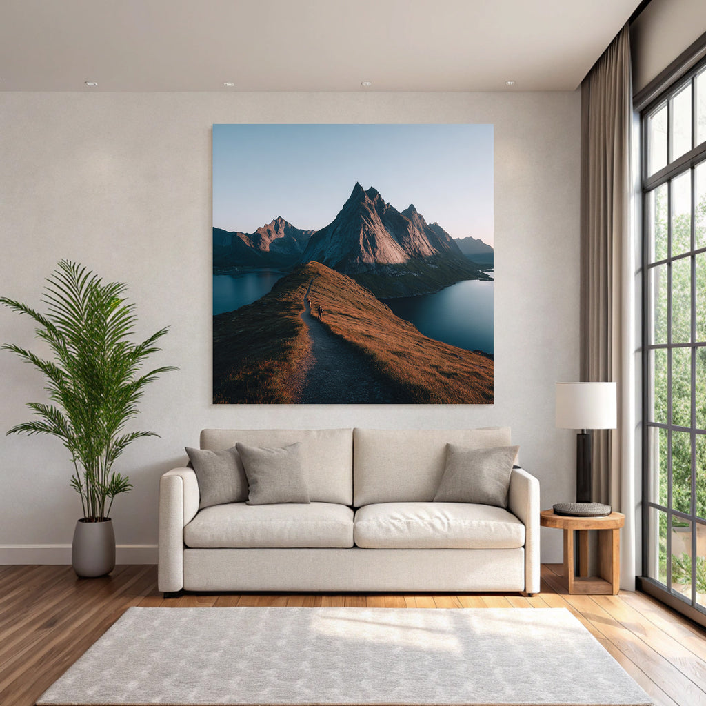 Rugged Mountains With Hiking Trails And Body Of Water Dawn Or Dusk