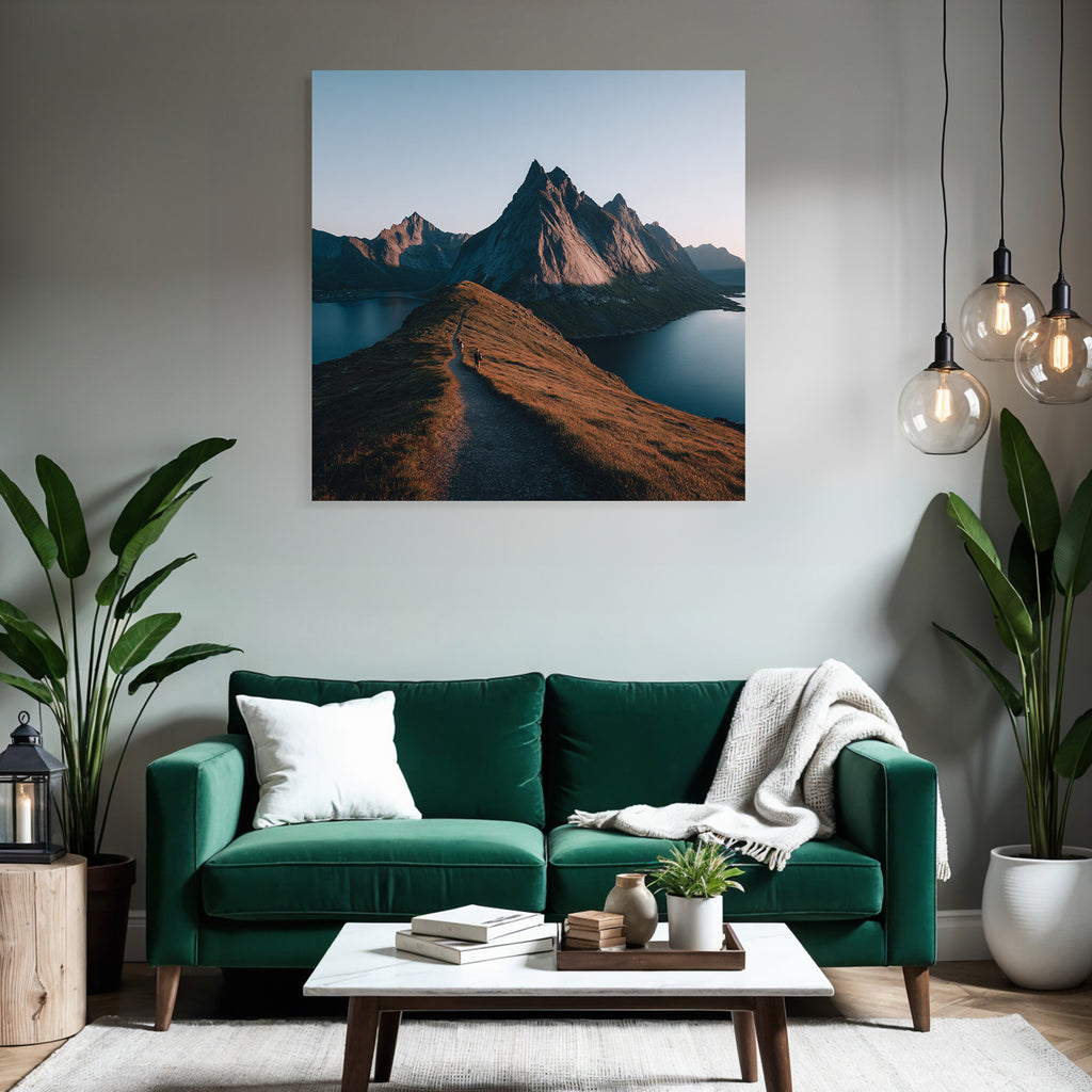 Rugged Mountains With Hiking Trails And Body Of Water Dawn Or Dusk
