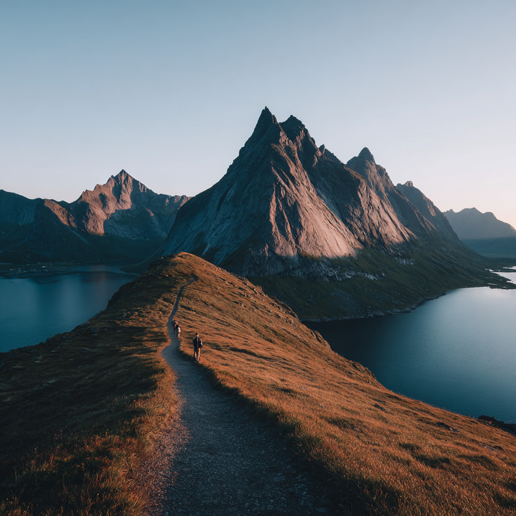 Rugged Mountains With Hiking Trails And Body Of Water Dawn Or Dusk | Reisen und Outdoor | Themen und Hobbys