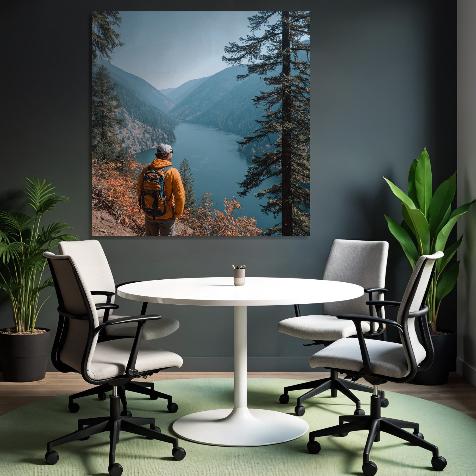 Scenic Mountain Landscape With Person In Orange Jacket At Lake