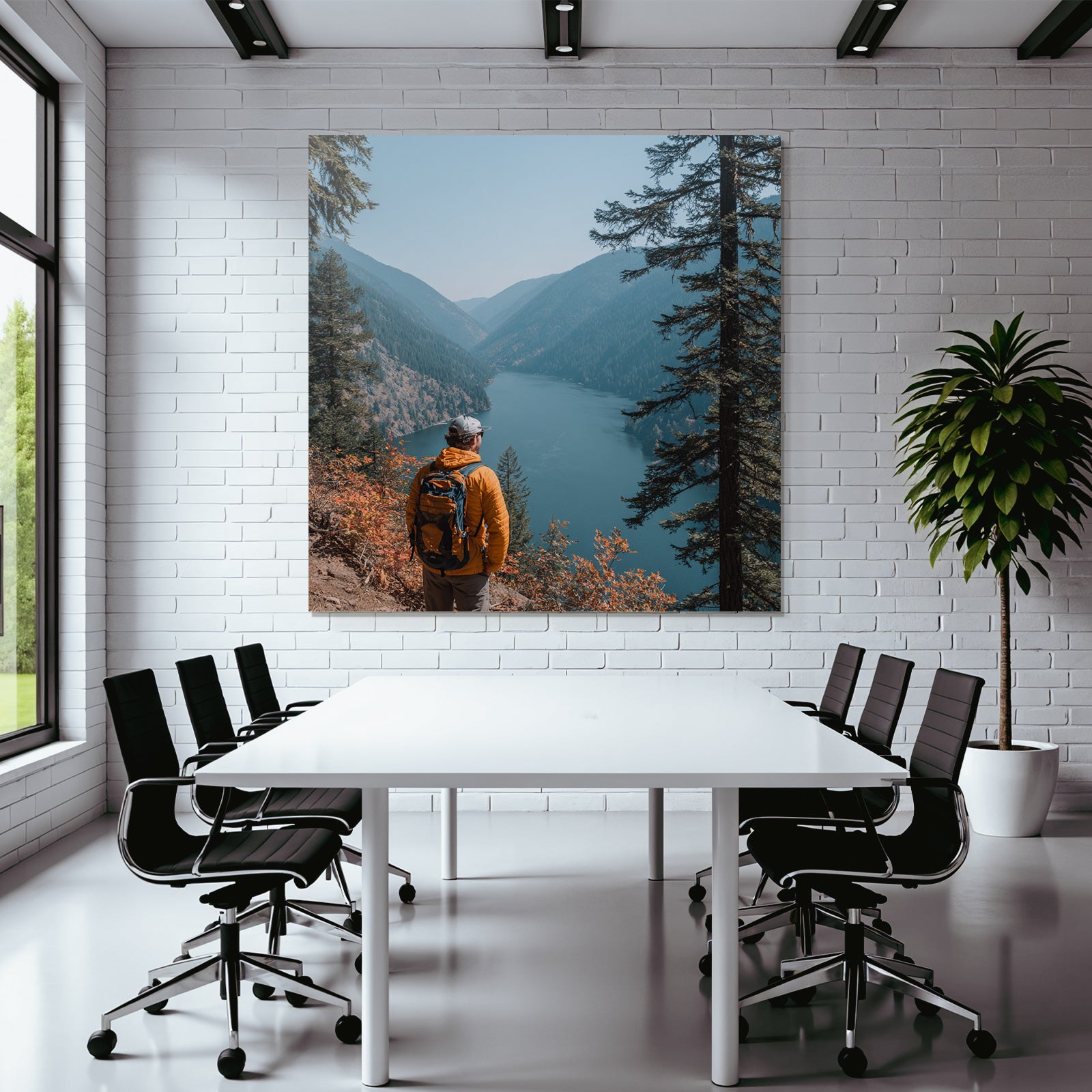 Scenic Mountain Landscape With Person In Orange Jacket At Lake
