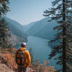 Scenic Mountain Landscape With Person In Orange Jacket At Lake | Reisen und Outdoor | Themen und Hobbys