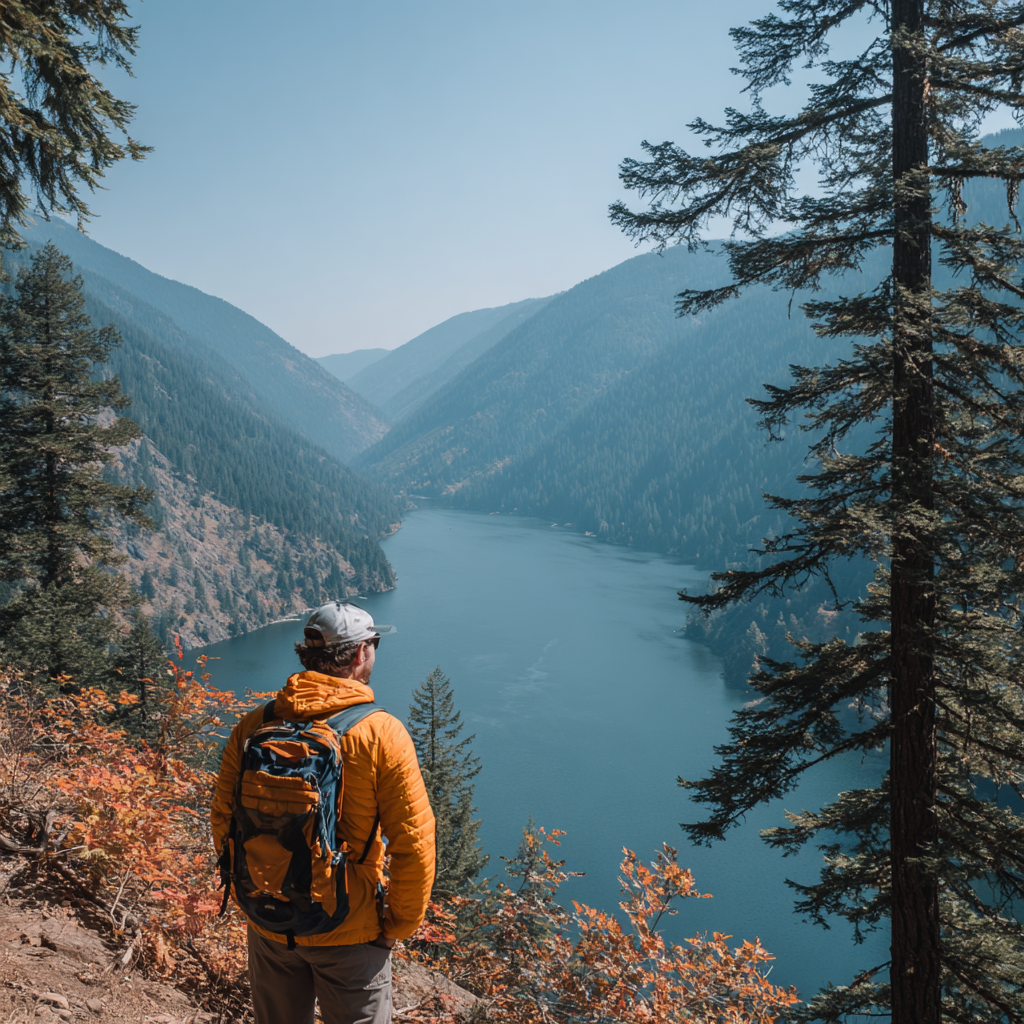 Scenic Mountain Landscape With Person In Orange Jacket At Lake | Reisen und Outdoor | Themen und Hobbys
