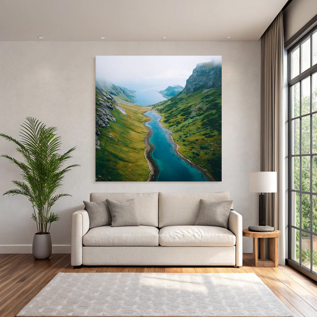 Wunderschöne Landschaft Mit Fluss Grünen Hügeln Und Mistiger Atmosphäre
