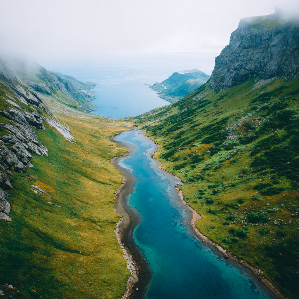 Wunderschöne Landschaft Mit Fluss Grünen Hügeln Und Mistiger Atmosphäre | Reisen und Outdoor | Themen und Hobbys