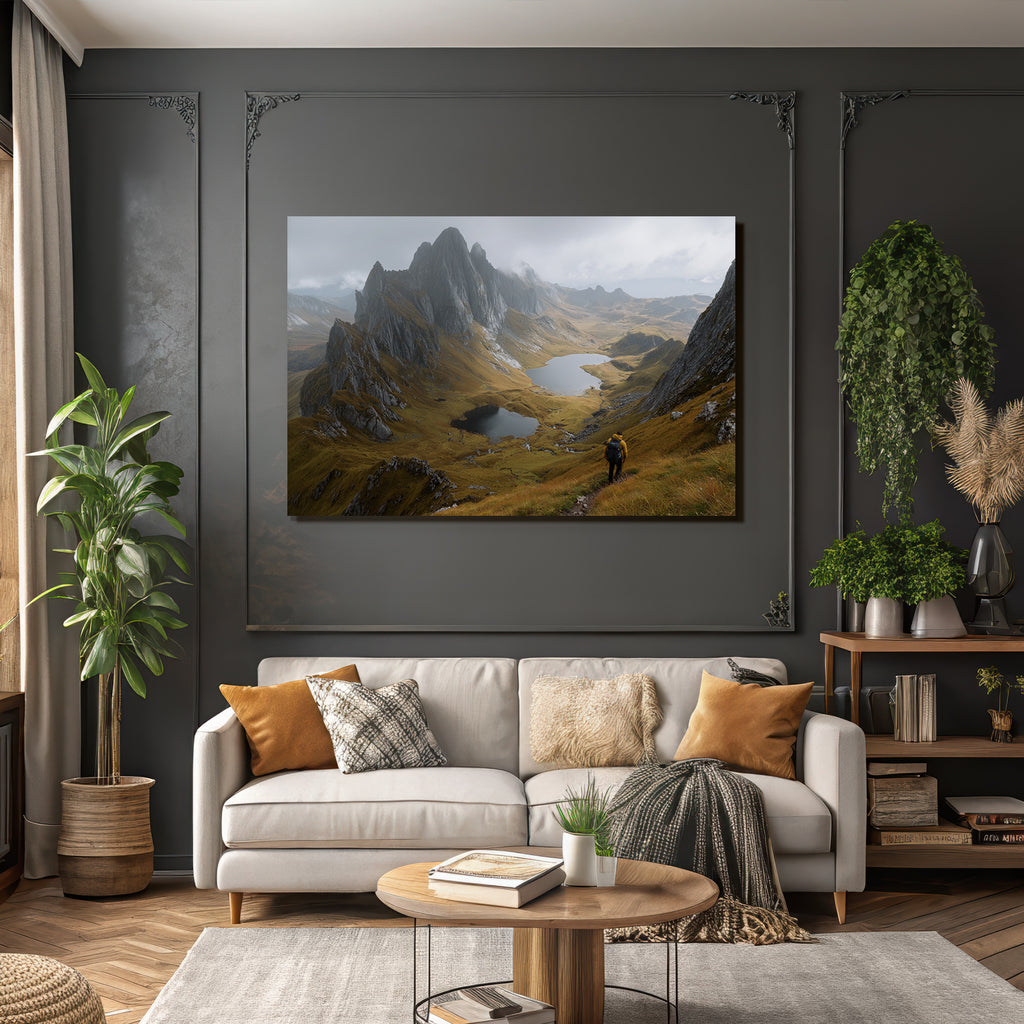 Bergebene Landschaft Mit See Und Wanderer