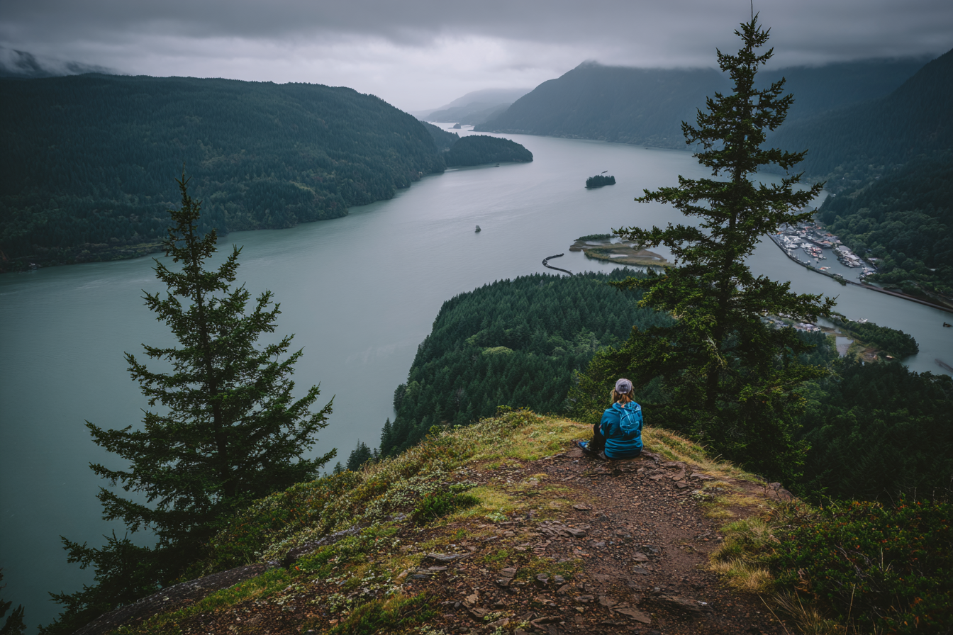 Hohe Aussicht Über Fluss Umgeben Von Grünen Höhen Und Wald | Reisen und Outdoor | Themen und Hobbys
