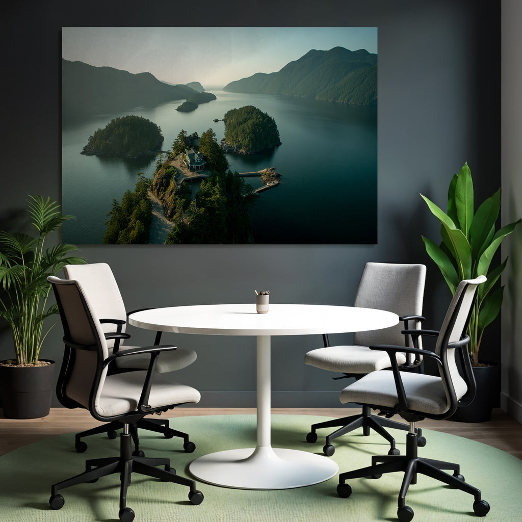 Küstenlandschaft Haus Auf Felsen Mit Dock Und Inseln
