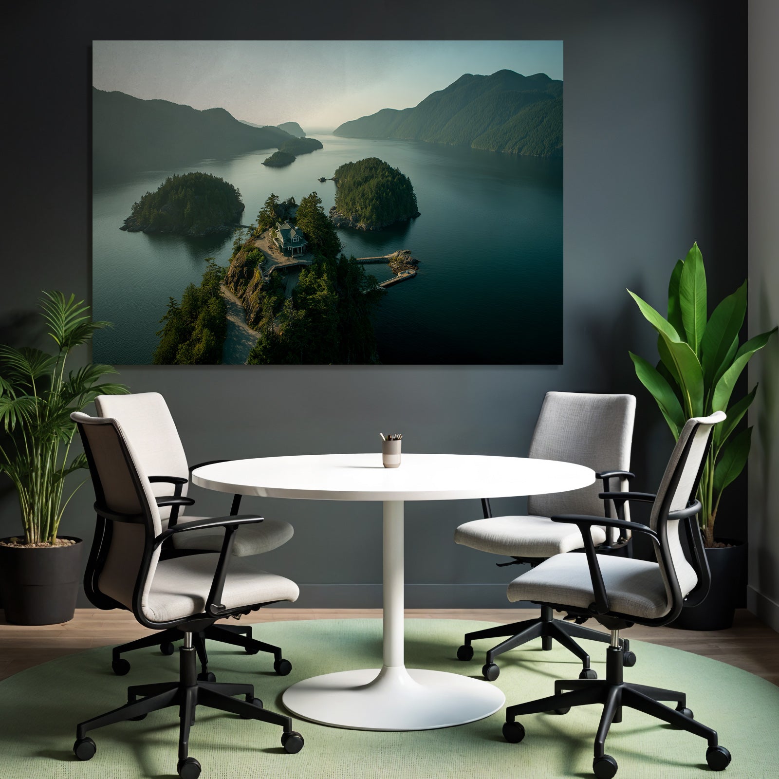 Küstenlandschaft Haus Auf Felsen Mit Dock Und Inseln