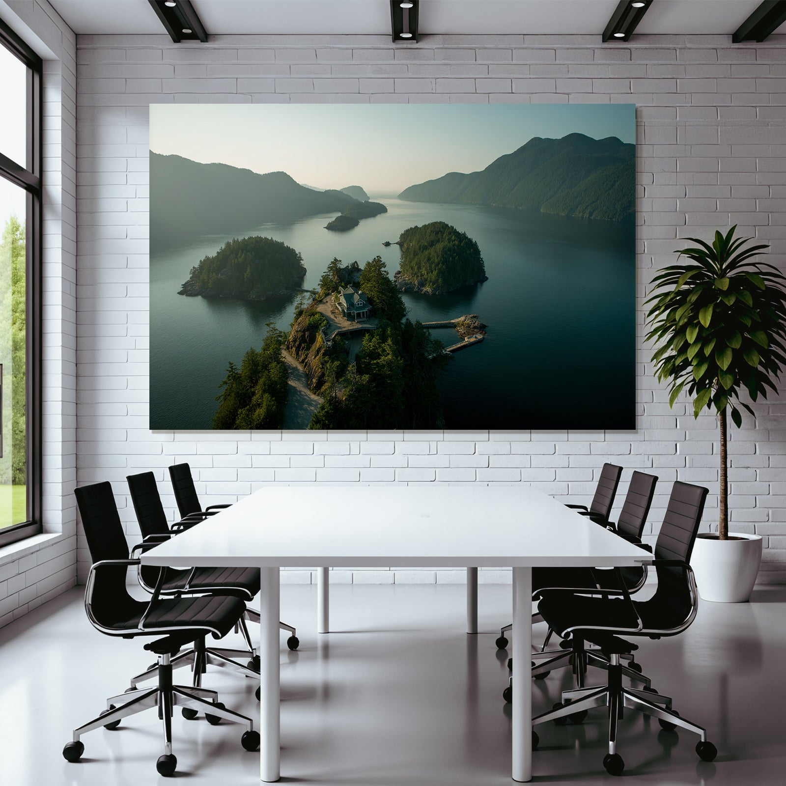 Küstenlandschaft Haus Auf Felsen Mit Dock Und Inseln