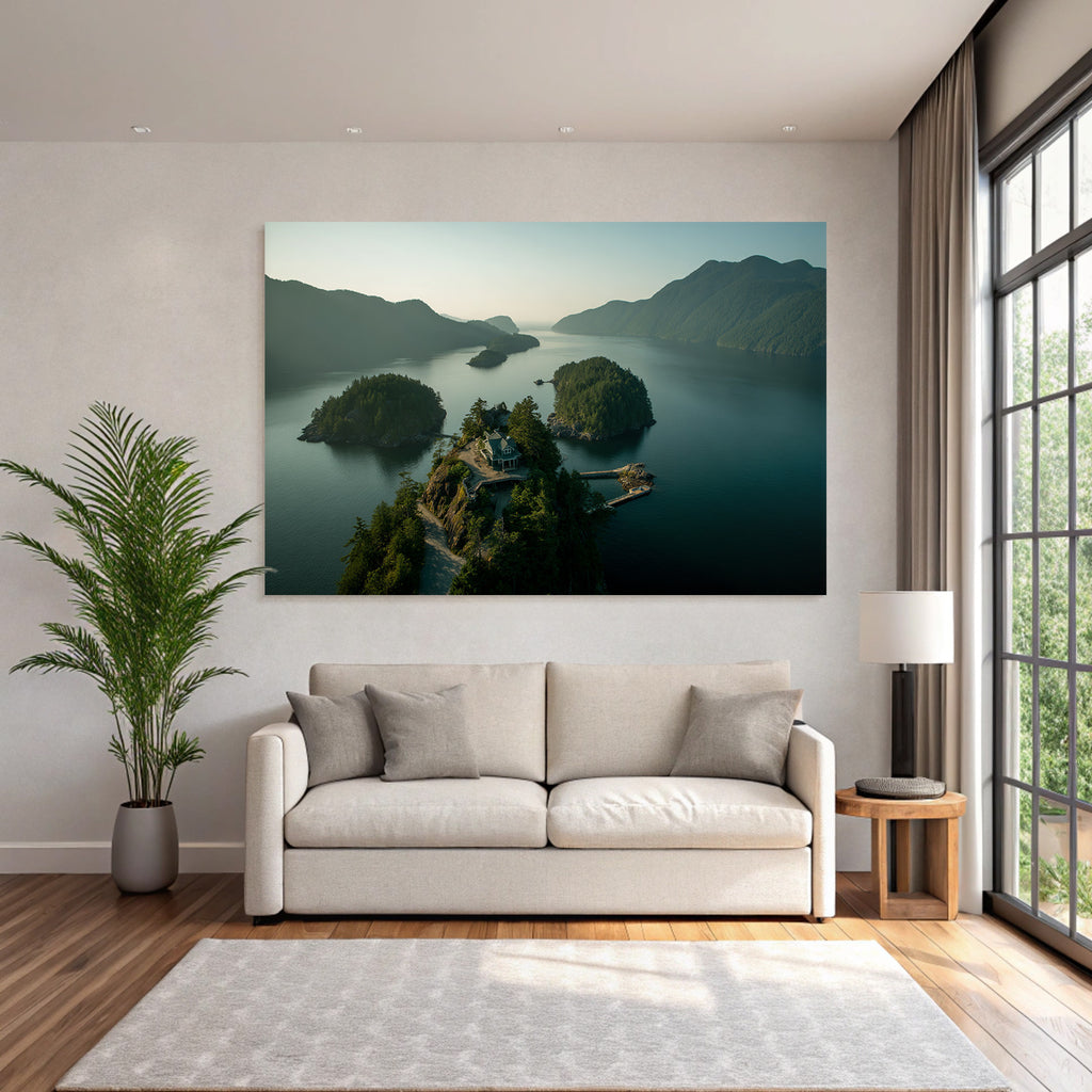 Küstenlandschaft Haus Auf Felsen Mit Dock Und Inseln