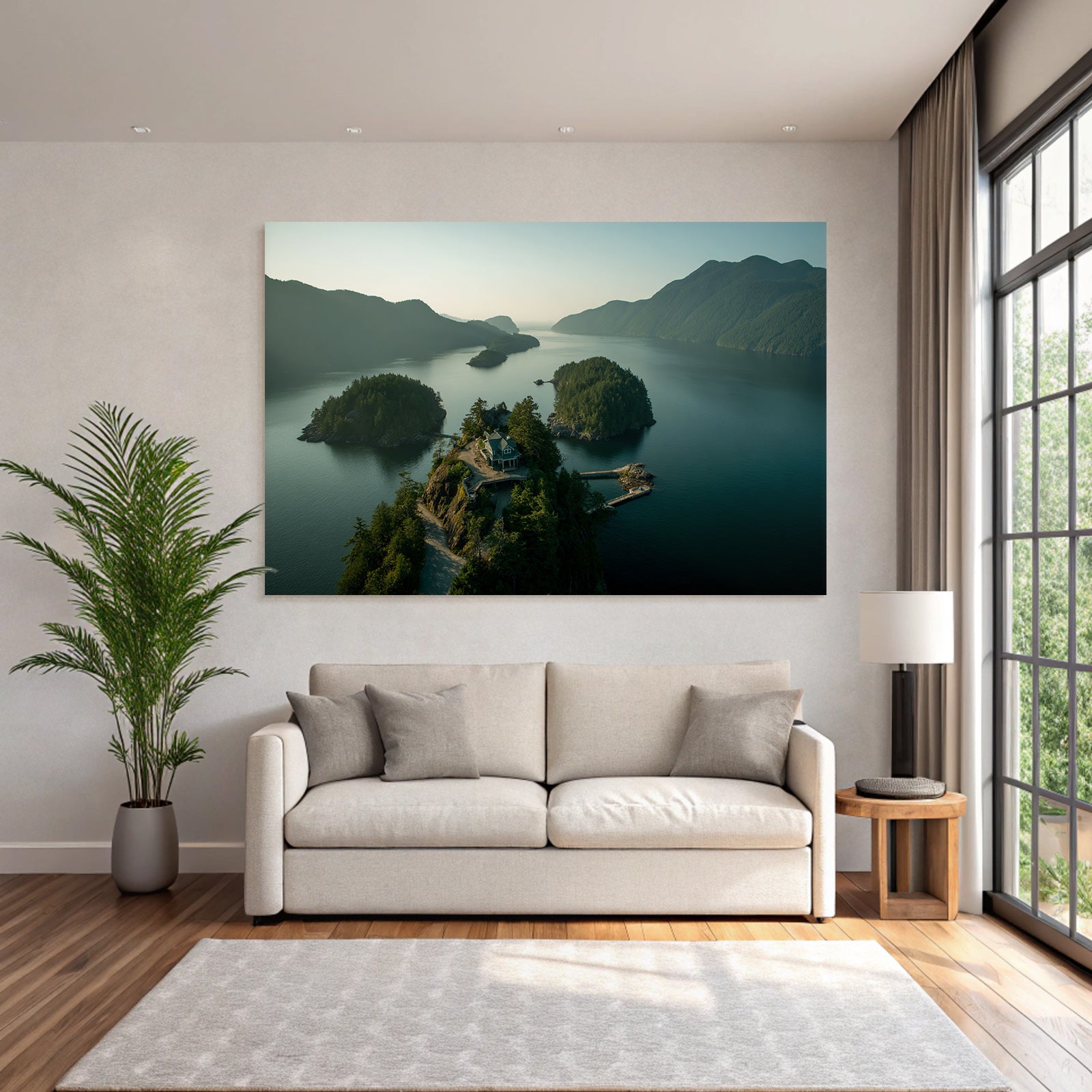 Küstenlandschaft Haus Auf Felsen Mit Dock Und Inseln
