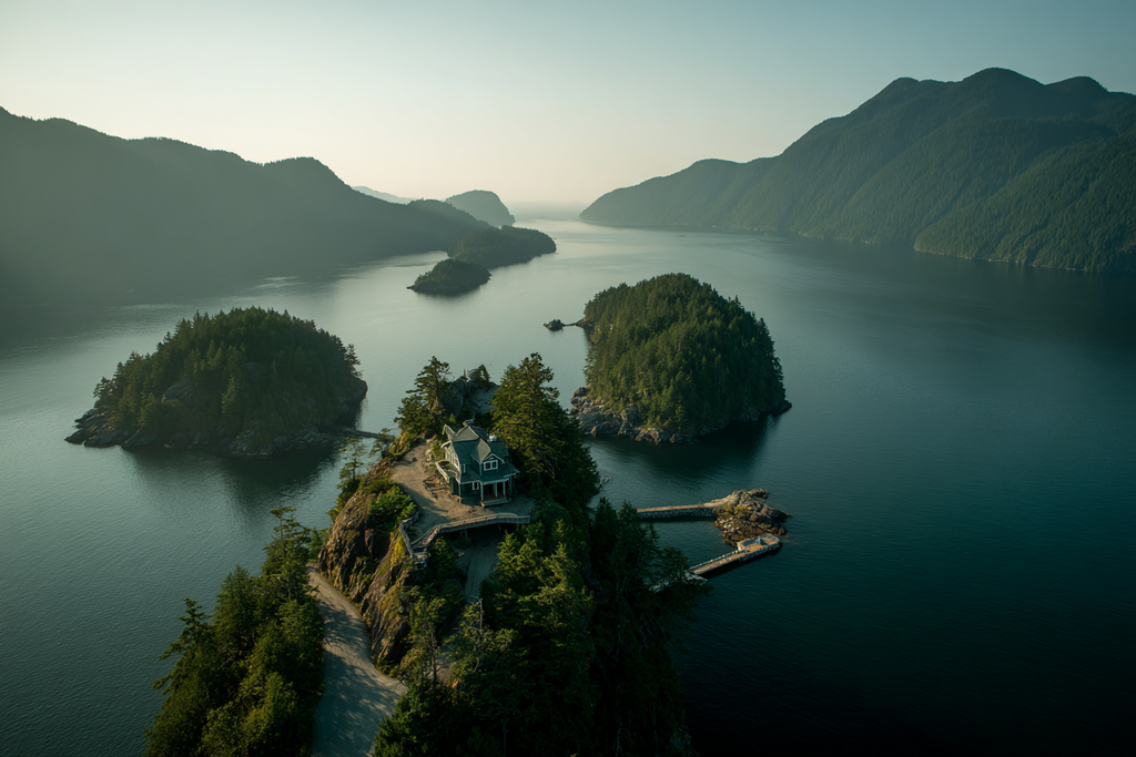 Küstenlandschaft Haus Auf Felsen Mit Dock Und Inseln | Reisen und Outdoor | Themen und Hobbys