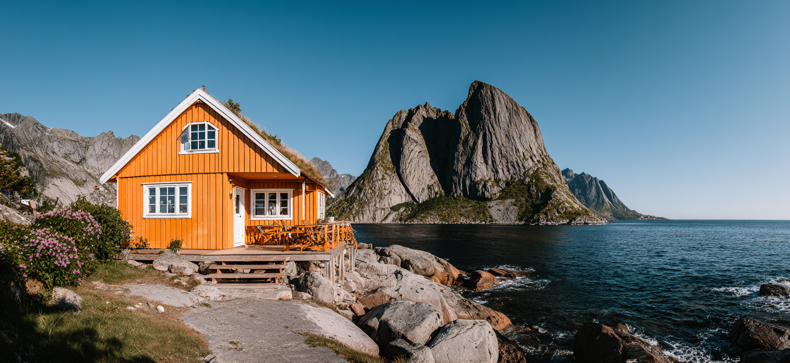Orange Holzhaus Am Küstenrand Mit Bergen Im Hintergrund | Reisen und Outdoor | Themen und Hobbys