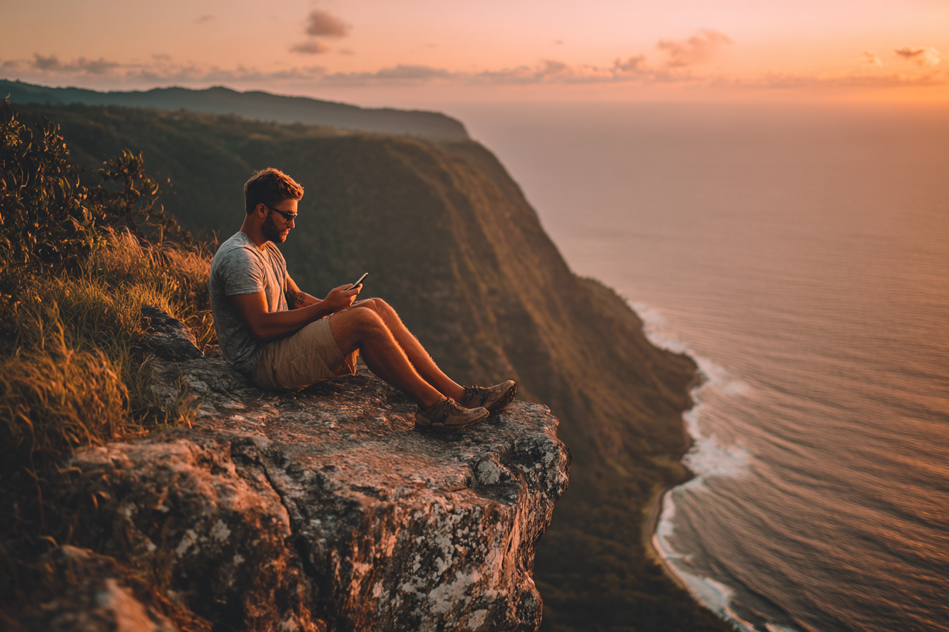 Person Am Abgrund Mit Handy Bei Sonnenuntergang Über Dem Meer Und Den Bergen | Reisen und Outdoor | Themen und Hobbys