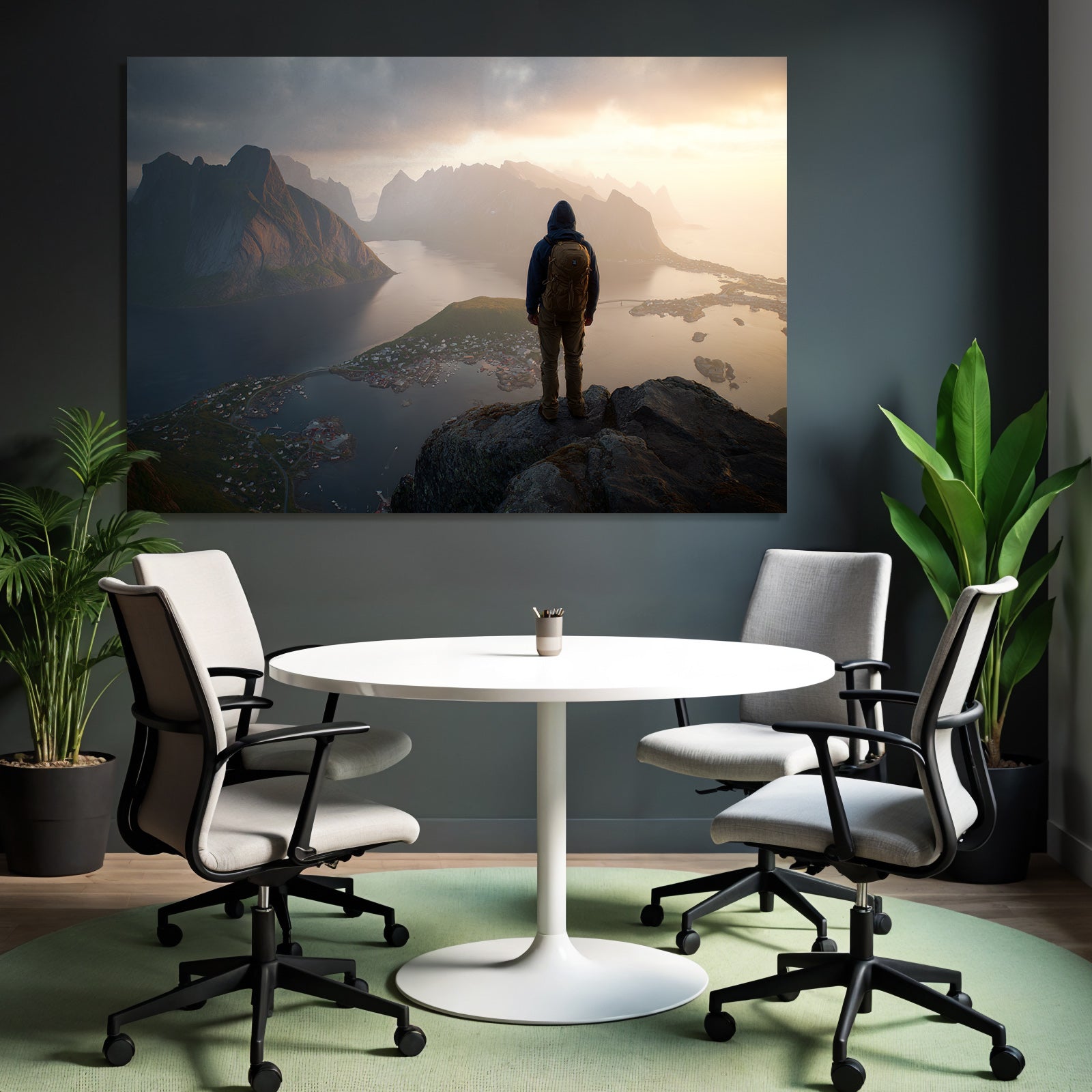 Person Auf Felsen Ausblick Mountain Spitze Und Fjord Morgensonne