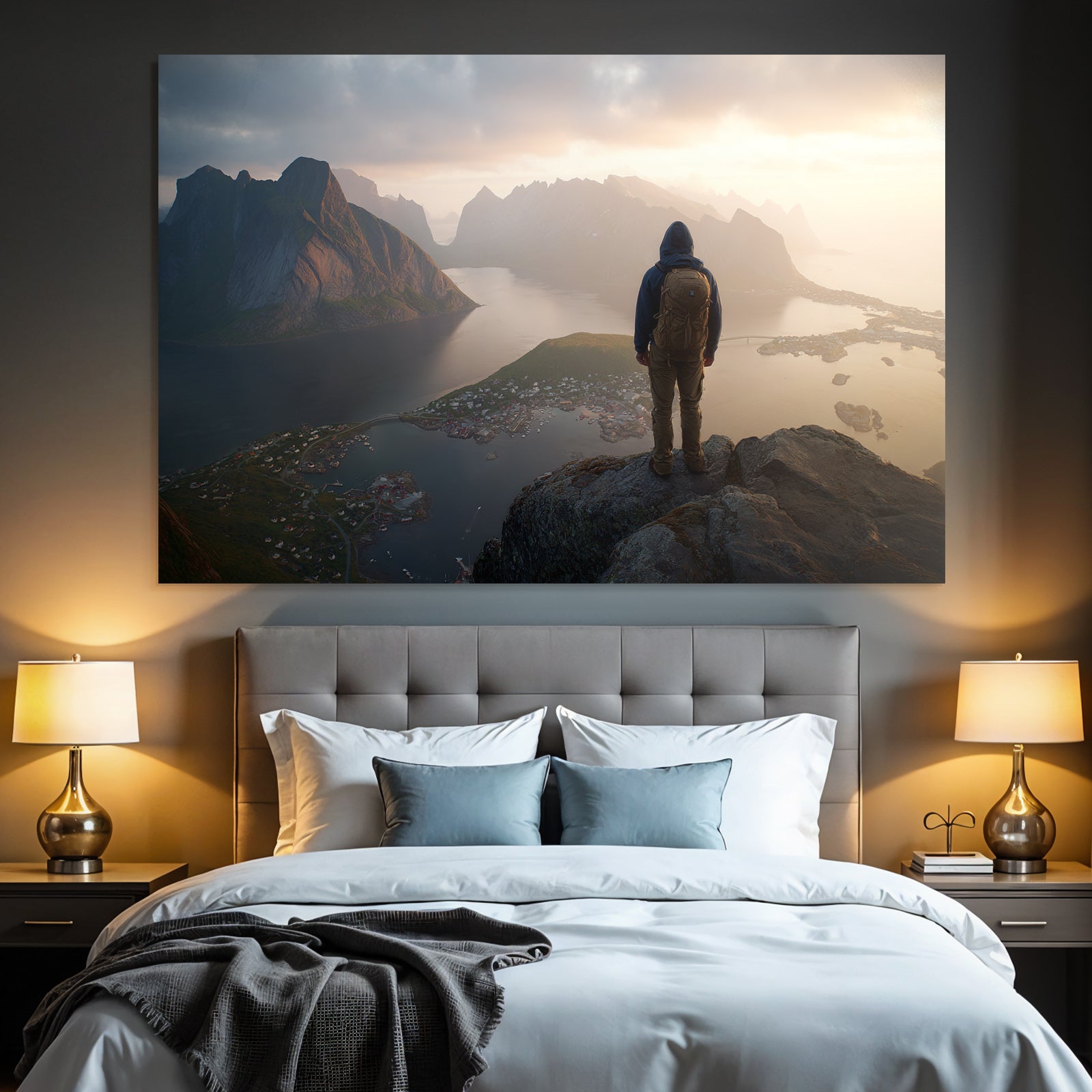 Person Auf Felsen Ausblick Mountain Spitze Und Fjord Morgensonne