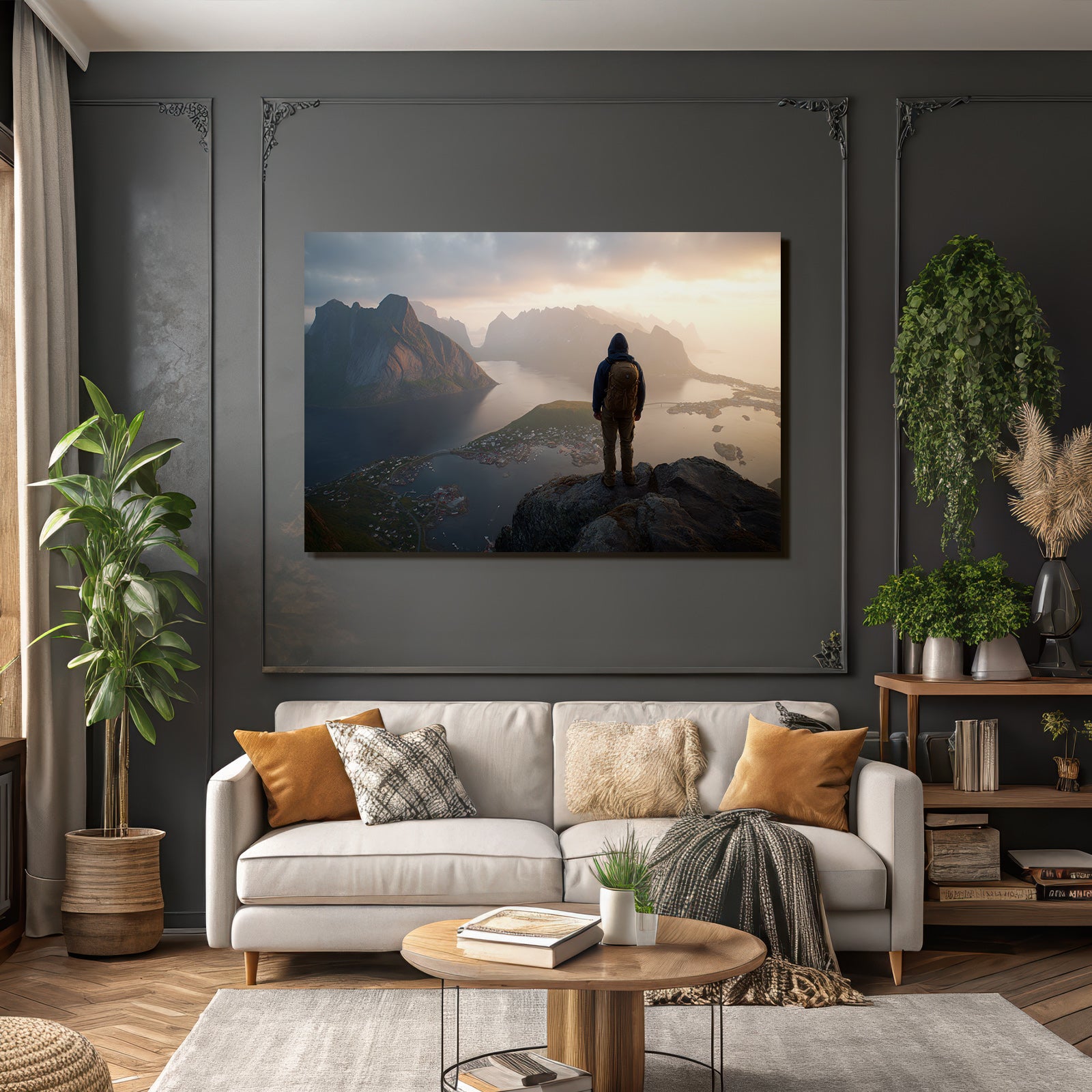 Person Auf Felsen Ausblick Mountain Spitze Und Fjord Morgensonne