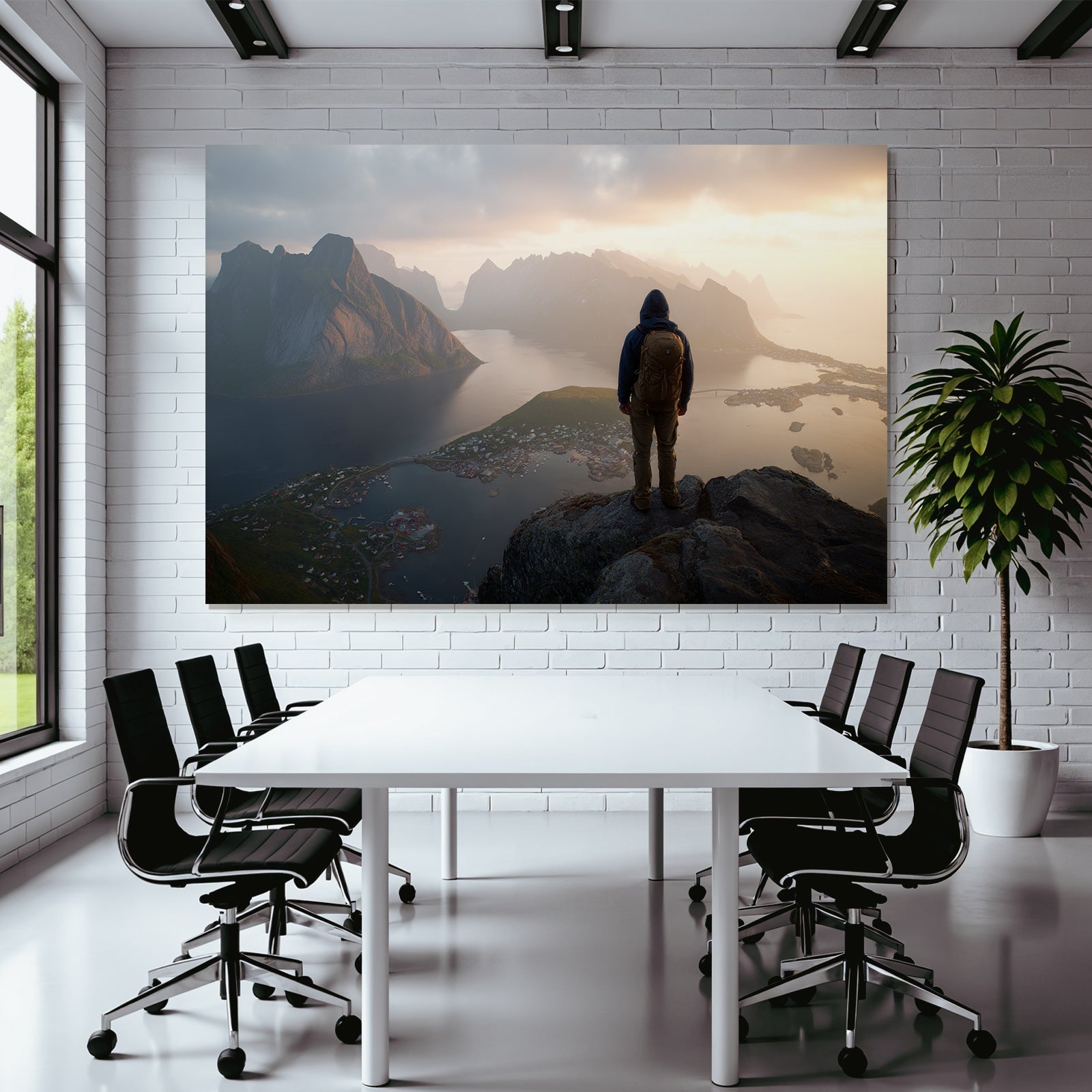 Person Auf Felsen Ausblick Mountain Spitze Und Fjord Morgensonne