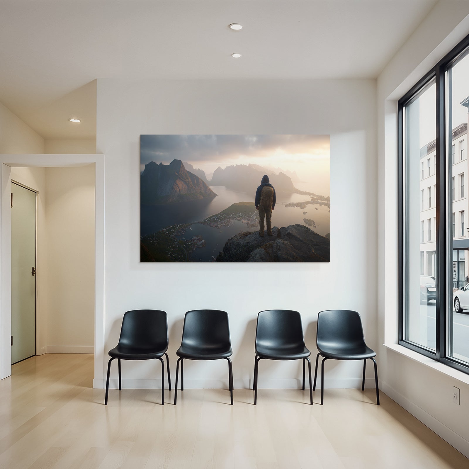 Person Auf Felsen Ausblick Mountain Spitze Und Fjord Morgensonne