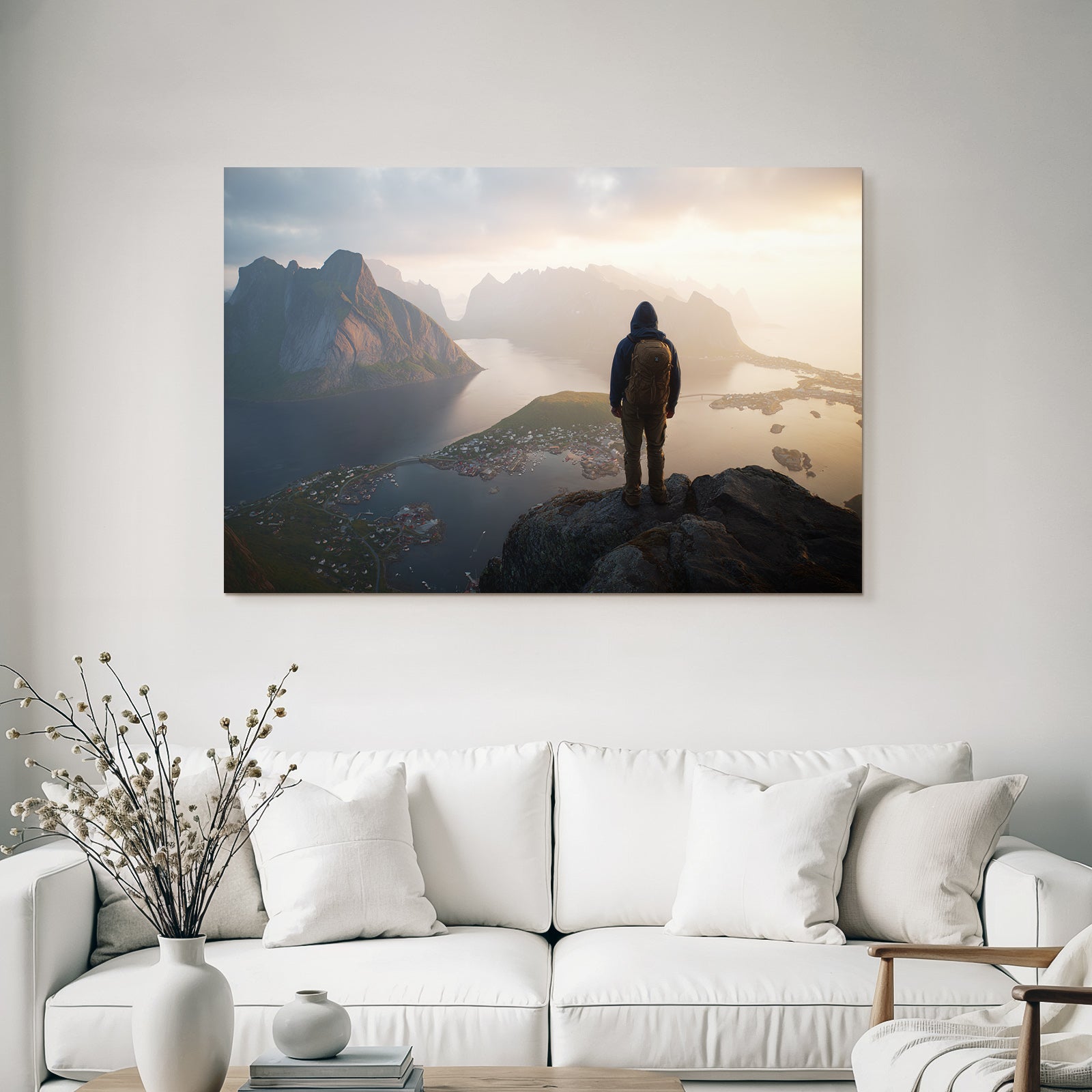 Person Auf Felsen Ausblick Mountain Spitze Und Fjord Morgensonne