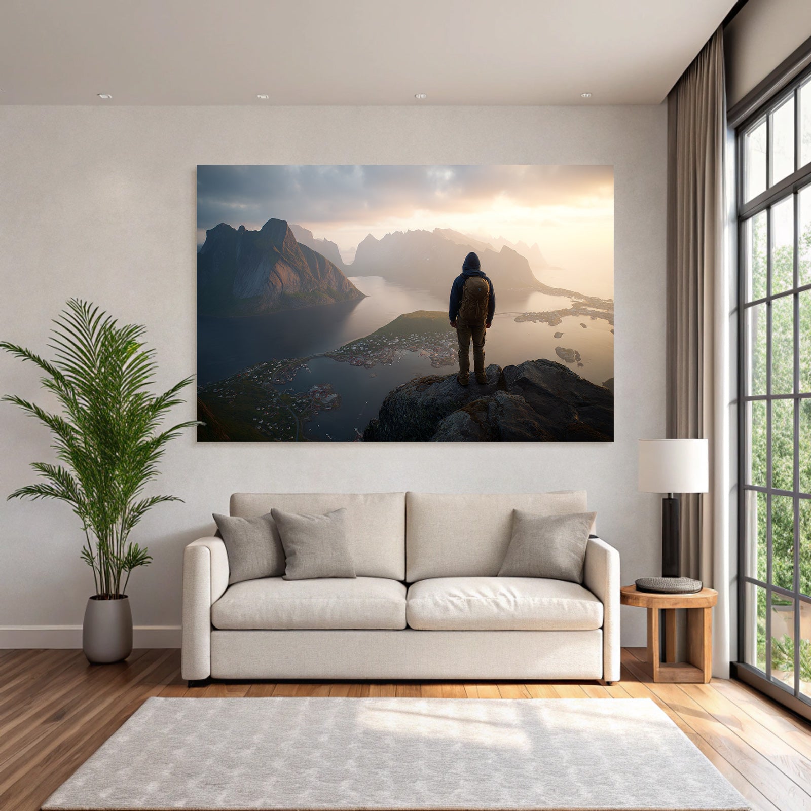 Person Auf Felsen Ausblick Mountain Spitze Und Fjord Morgensonne
