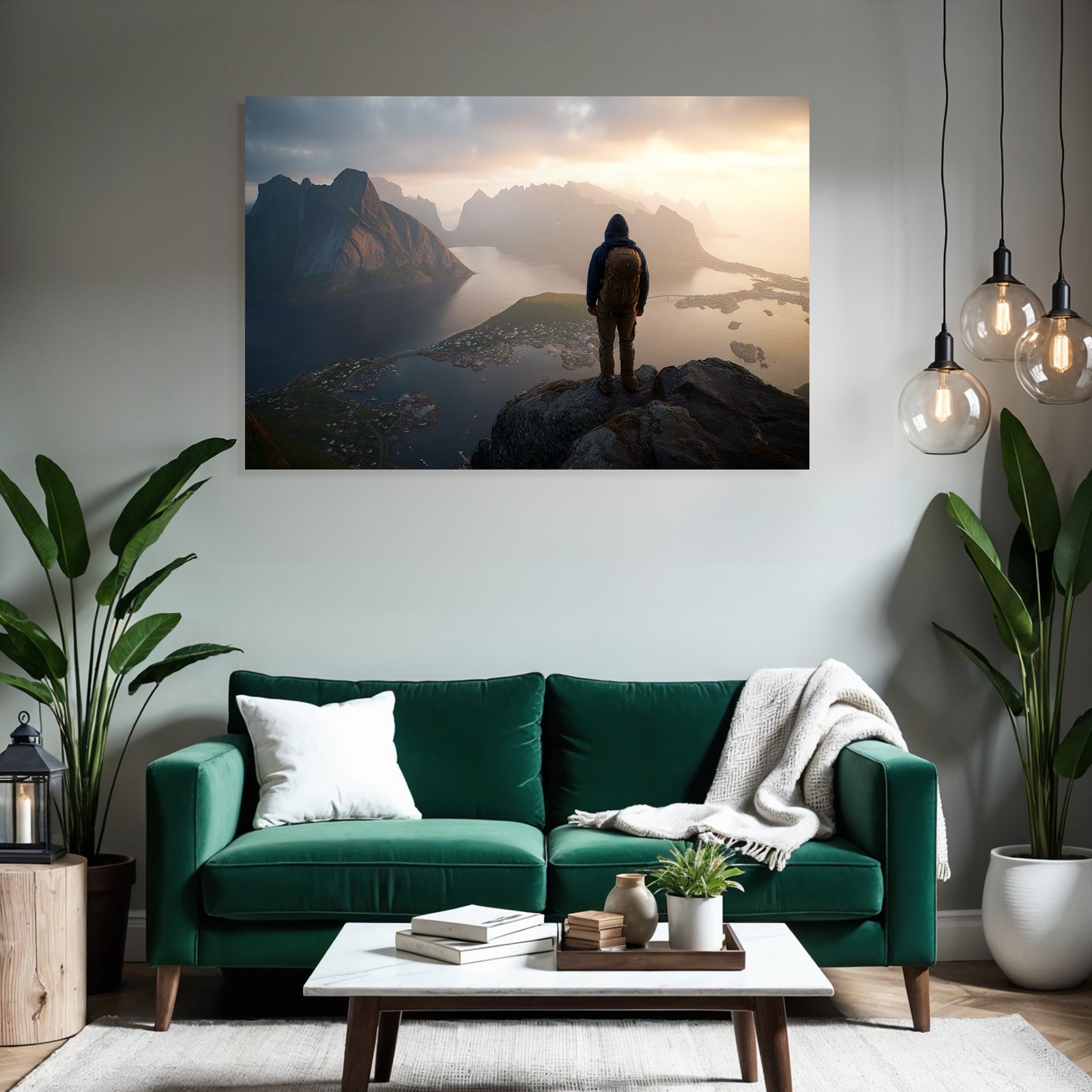 Person Auf Felsen Ausblick Mountain Spitze Und Fjord Morgensonne