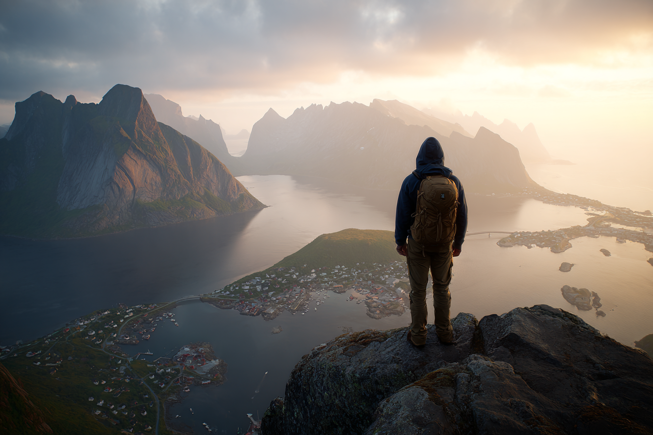 Person Auf Felsen Ausblick Mountain Spitze Und Fjord Morgensonne | Reisen und Outdoor | Themen und Hobbys