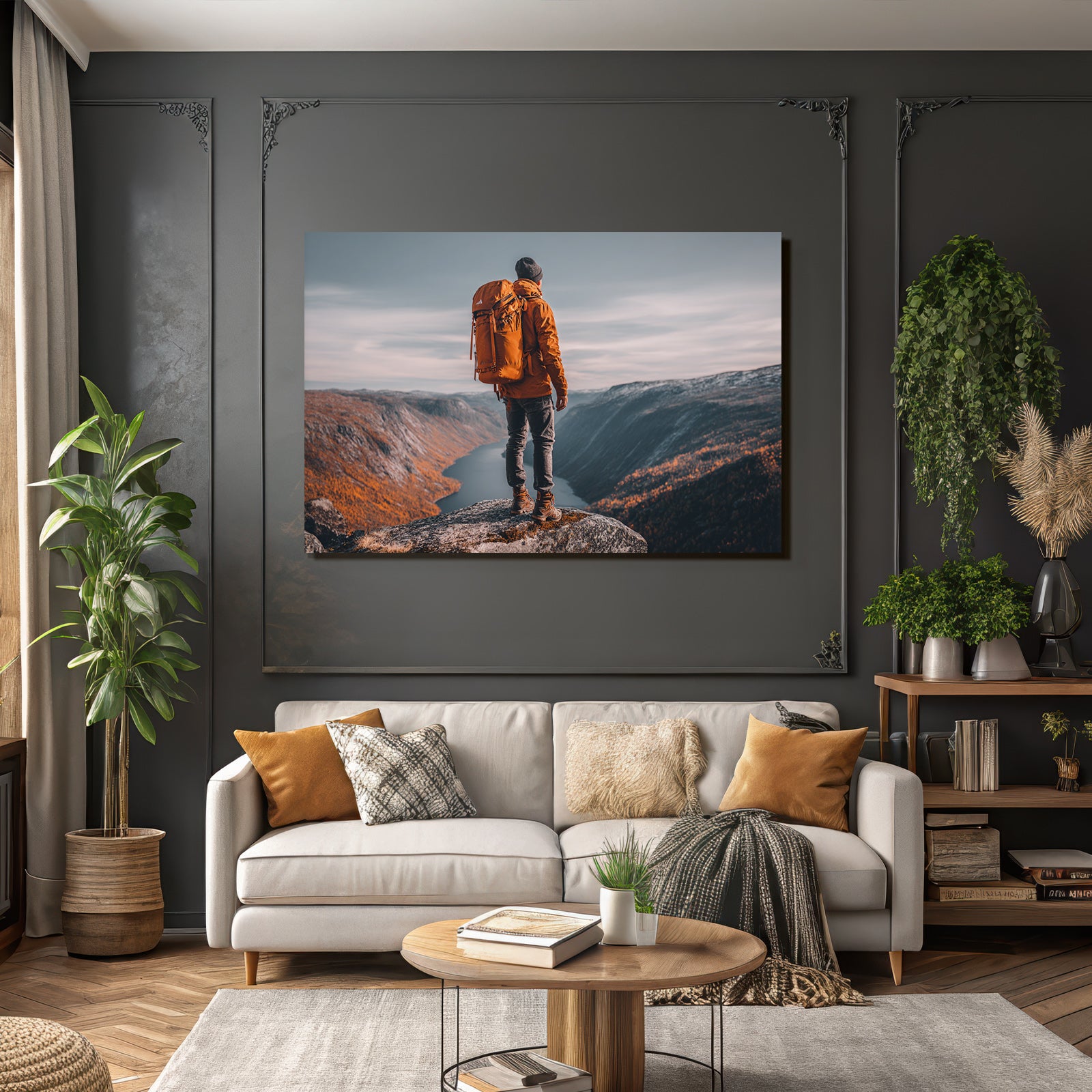 Person Auf Felsvorsprung Ausblick Auf Berge Mit Herbstlaub