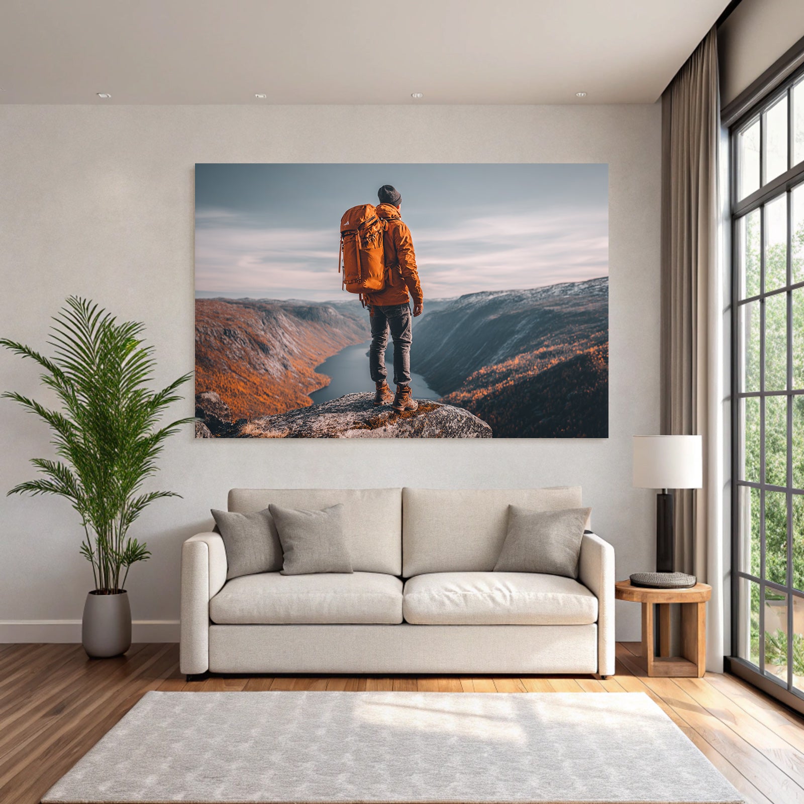 Person Auf Felsvorsprung Ausblick Auf Berge Mit Herbstlaub