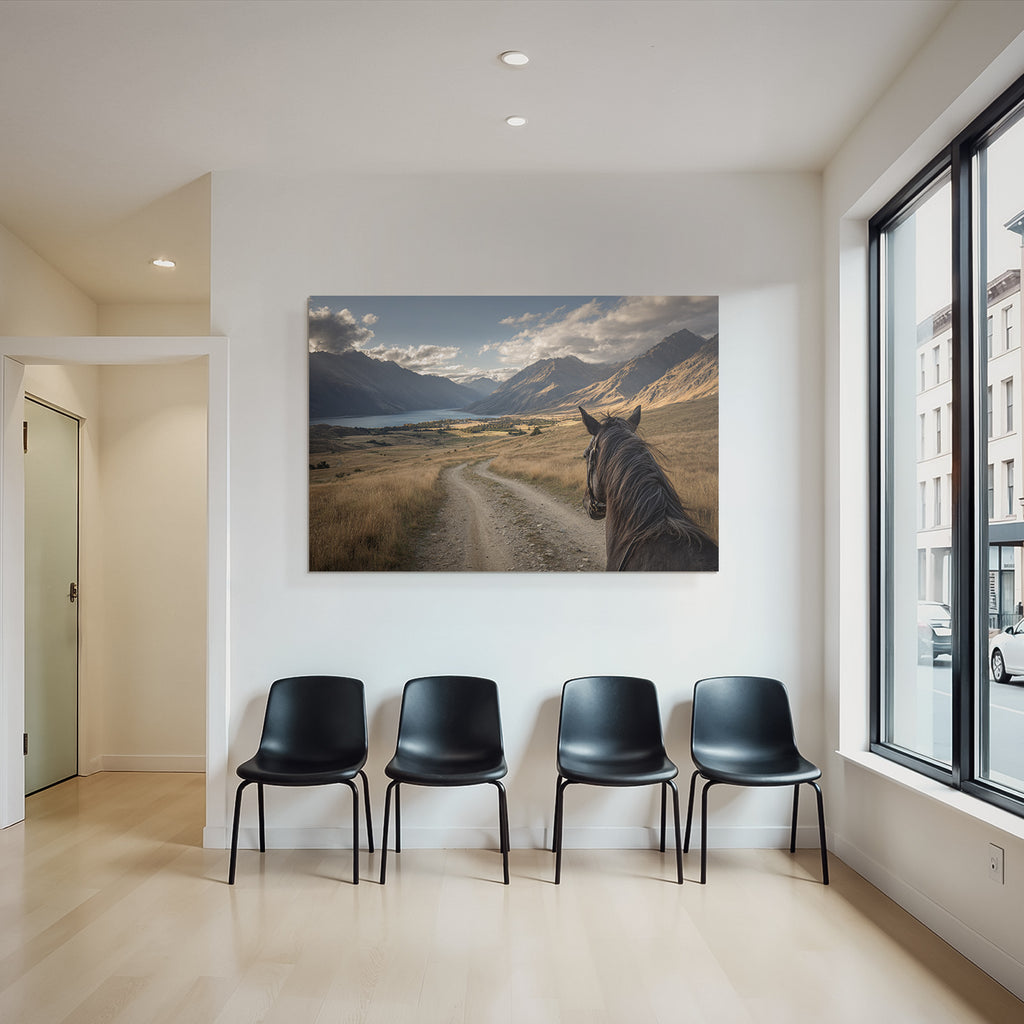 Pferdeblick Windender Weg Durch Tal Mit Bergen Und See
