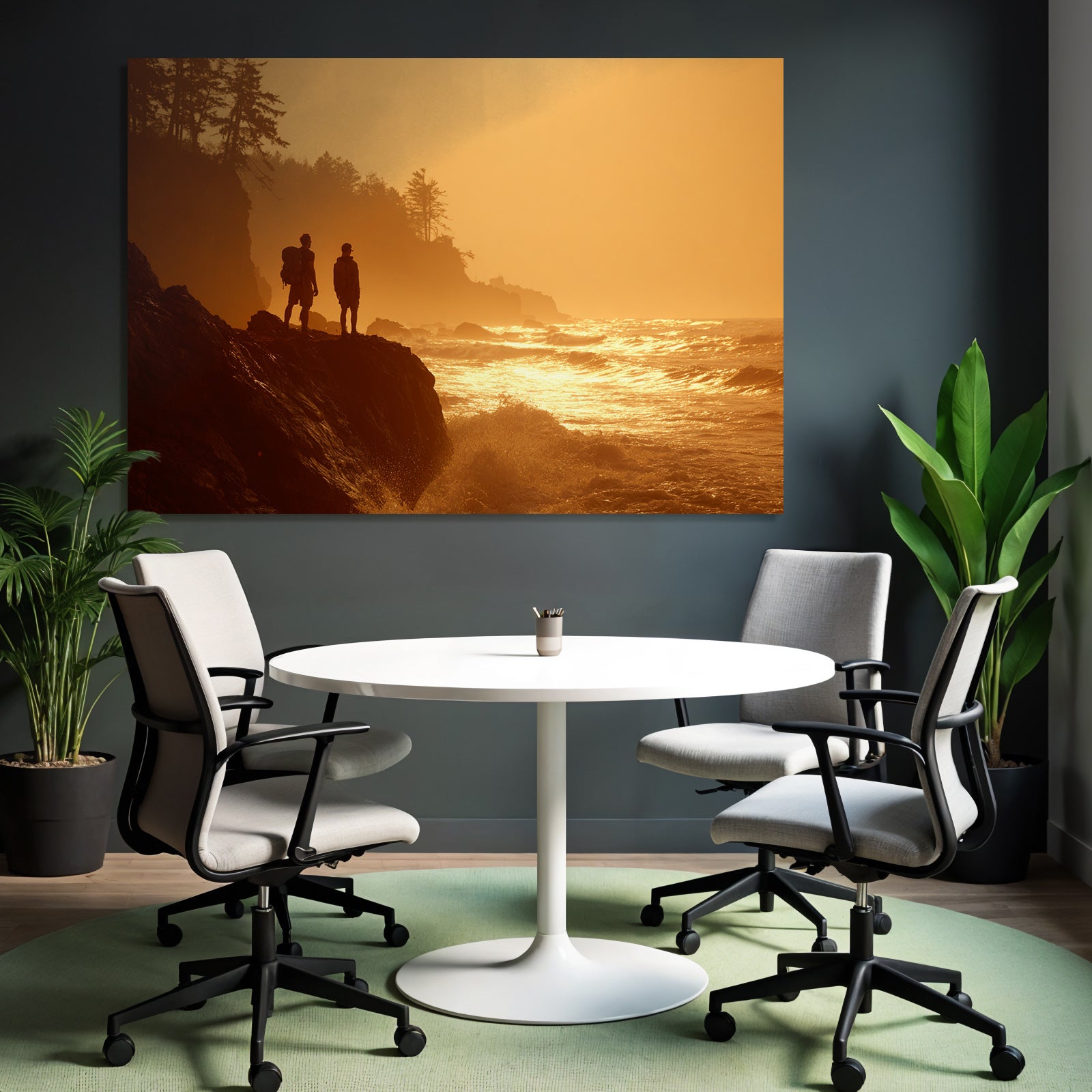Rockige Küstenlandschaft Sonnenuntergang Zwei Figuren