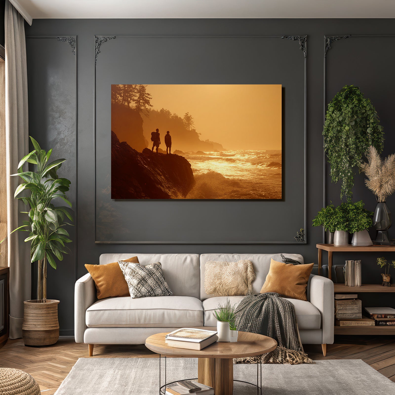 Rockige Küstenlandschaft Sonnenuntergang Zwei Figuren