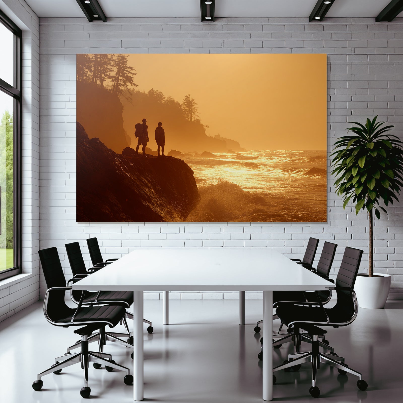 Rockige Küstenlandschaft Sonnenuntergang Zwei Figuren