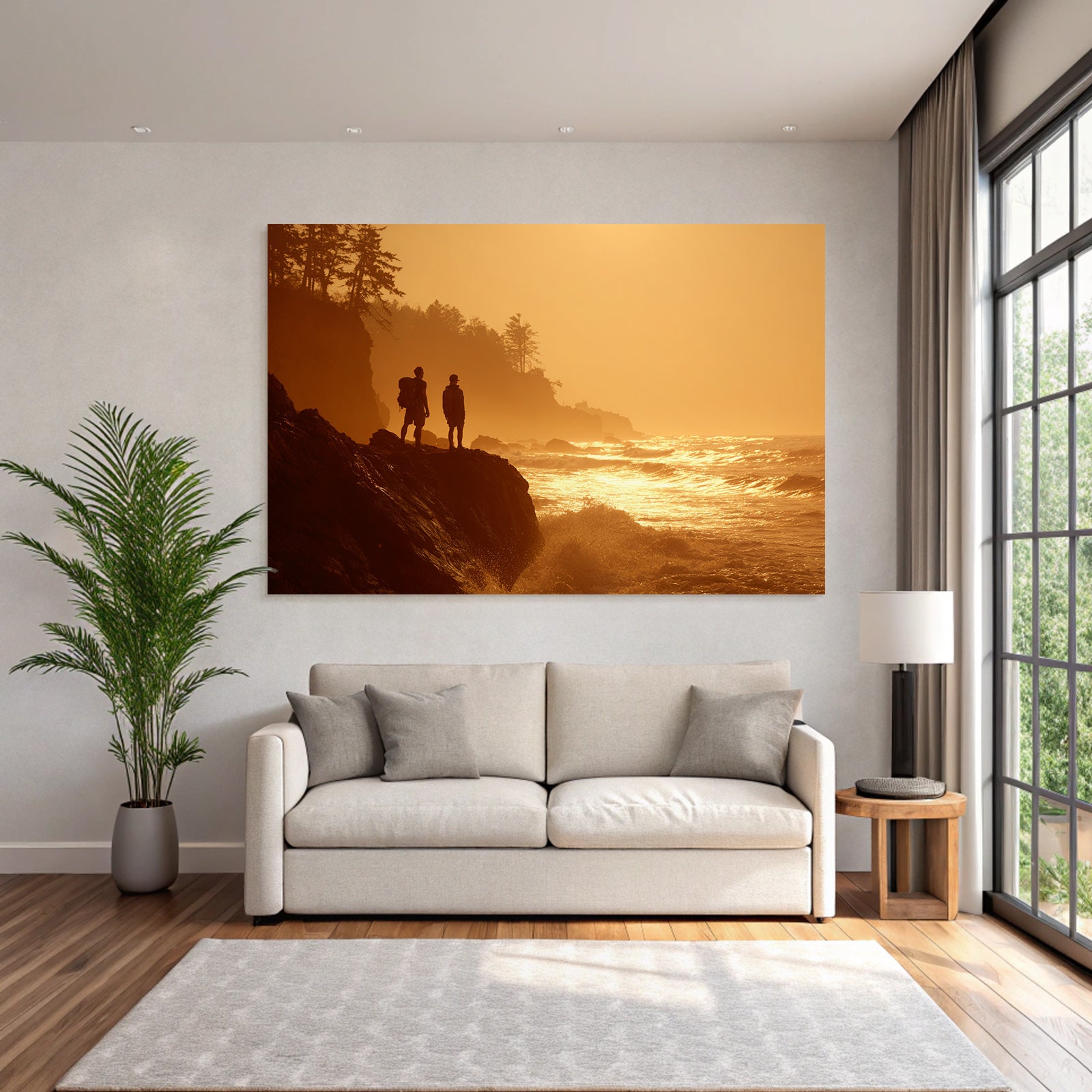 Rockige Küstenlandschaft Sonnenuntergang Zwei Figuren