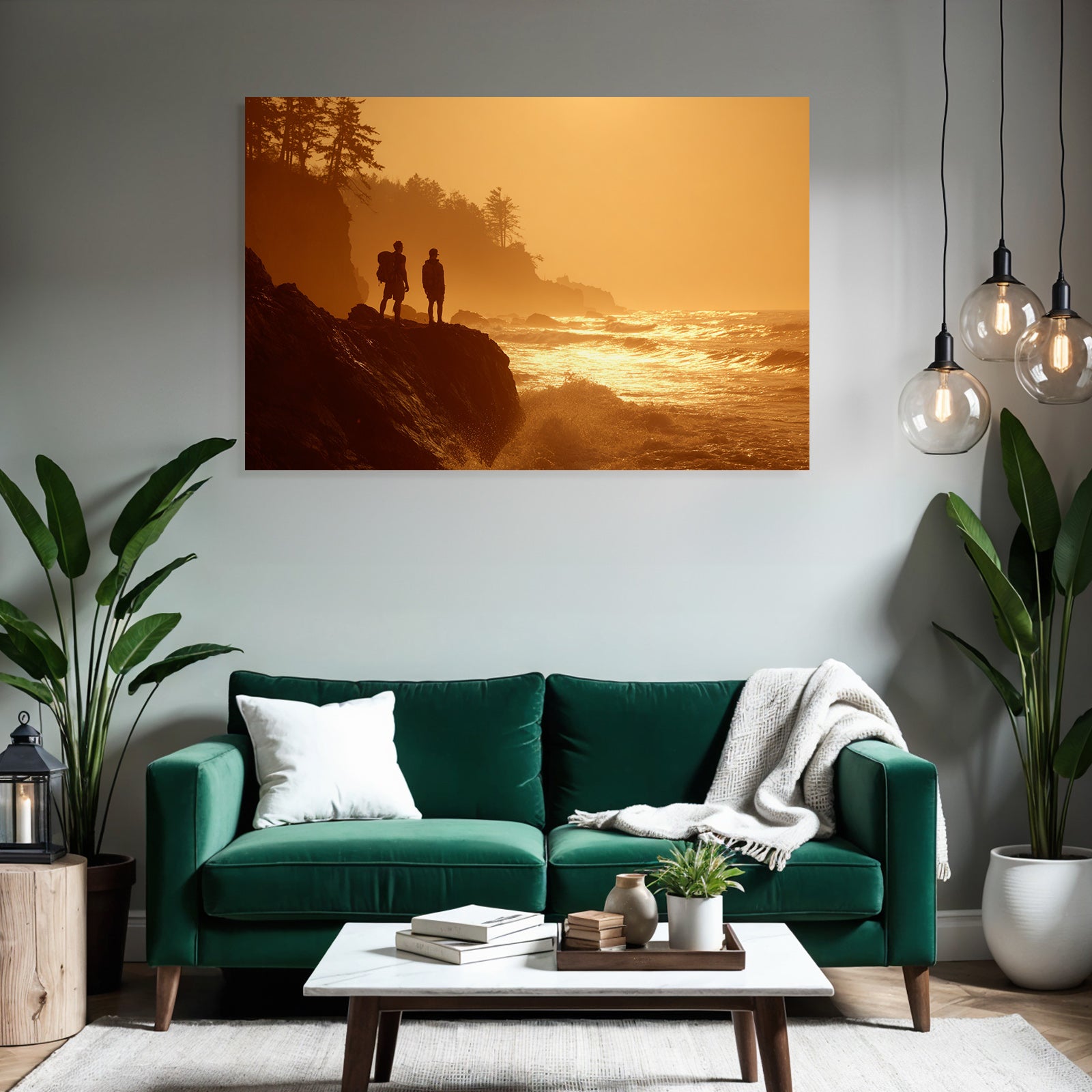Rockige Küstenlandschaft Sonnenuntergang Zwei Figuren