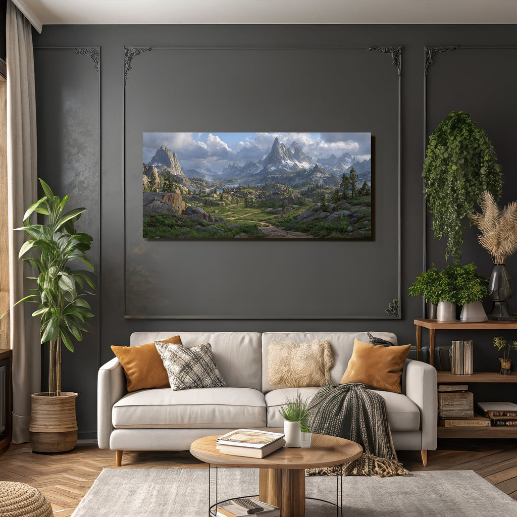 Rugged Mountains Lush Greenery Serene Water Mist Hills Bright Flowers