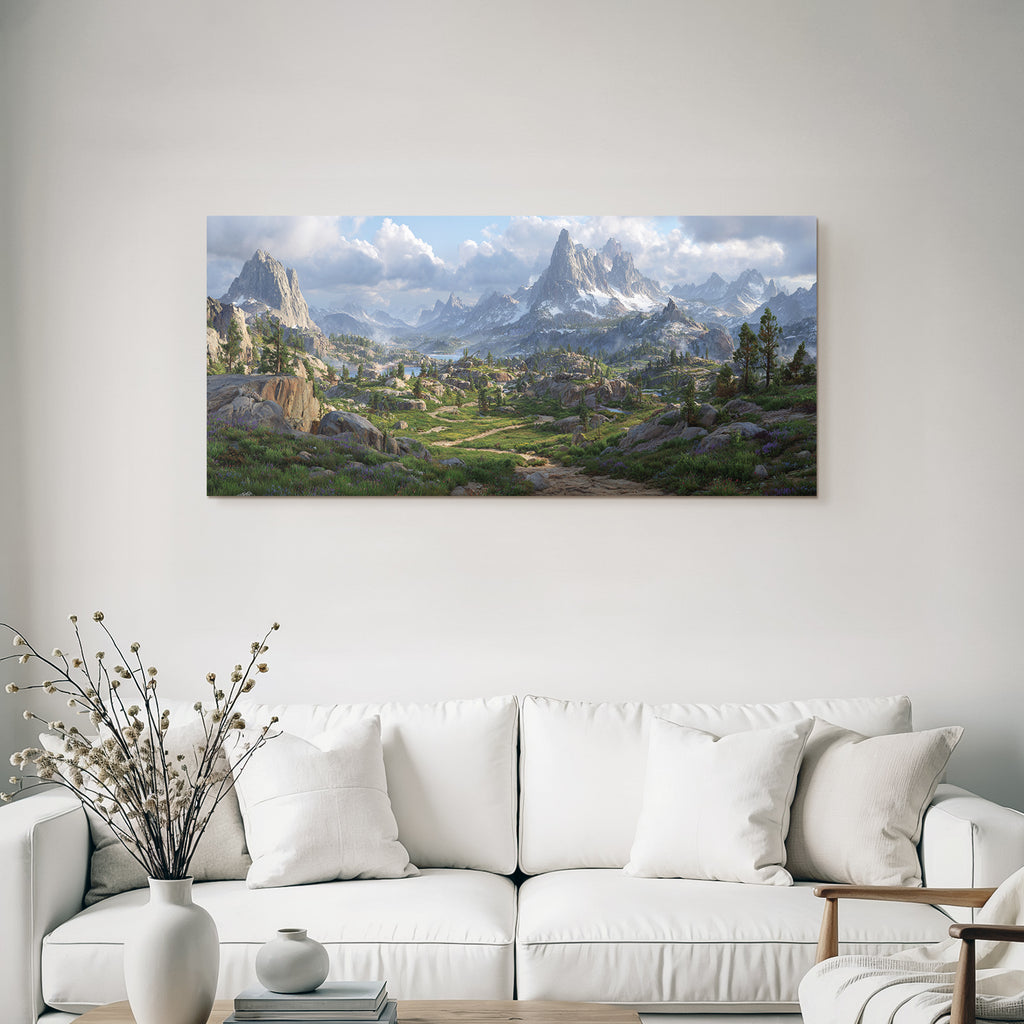 Rugged Mountains Lush Greenery Serene Water Mist Hills Bright Flowers