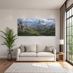 Rugged Mountains Lush Greenery Serene Water Mist Hills Bright Flowers