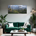 Rugged Mountains Lush Greenery Serene Water Mist Hills Bright Flowers