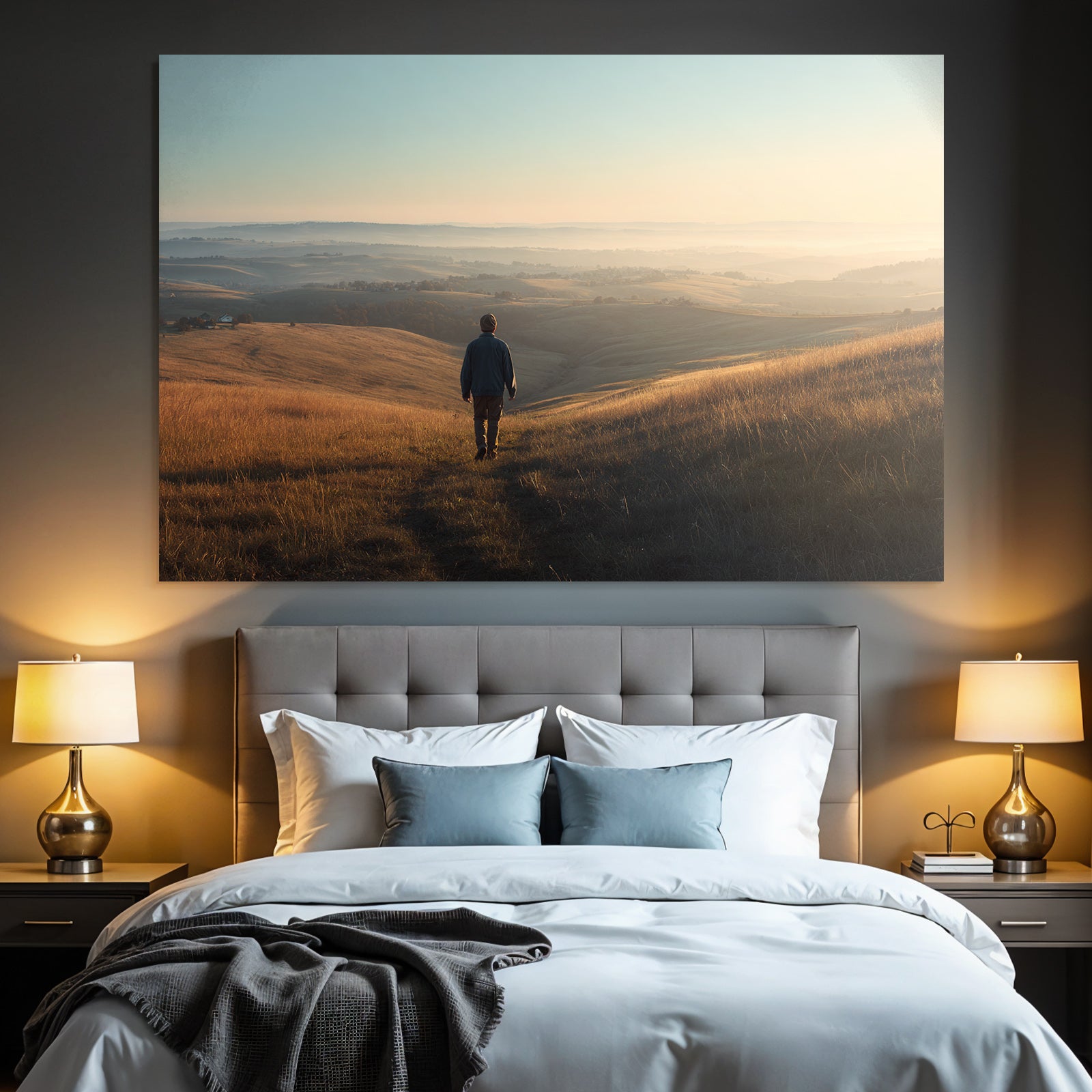 Ruhige Landschaft Bei Sonnenaufgang Oder Sonnenuntergang Mit Person Am Weg