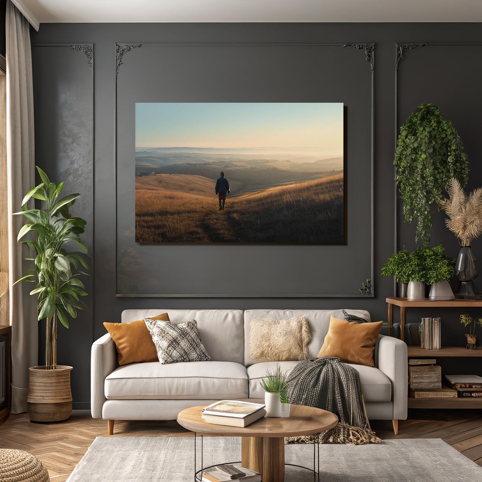 Ruhige Landschaft Bei Sonnenaufgang Oder Sonnenuntergang Mit Person Am Weg