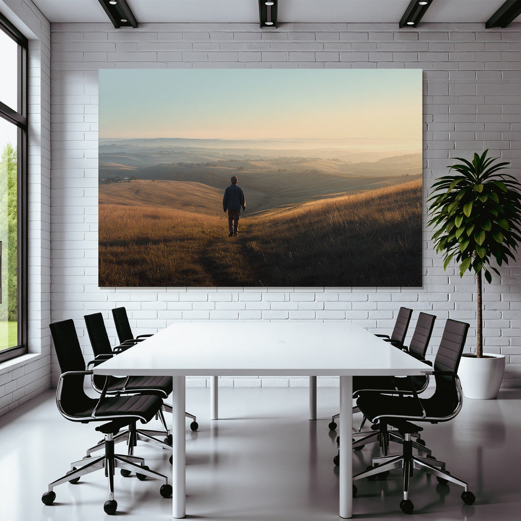 Ruhige Landschaft Bei Sonnenaufgang Oder Sonnenuntergang Mit Person Am Weg