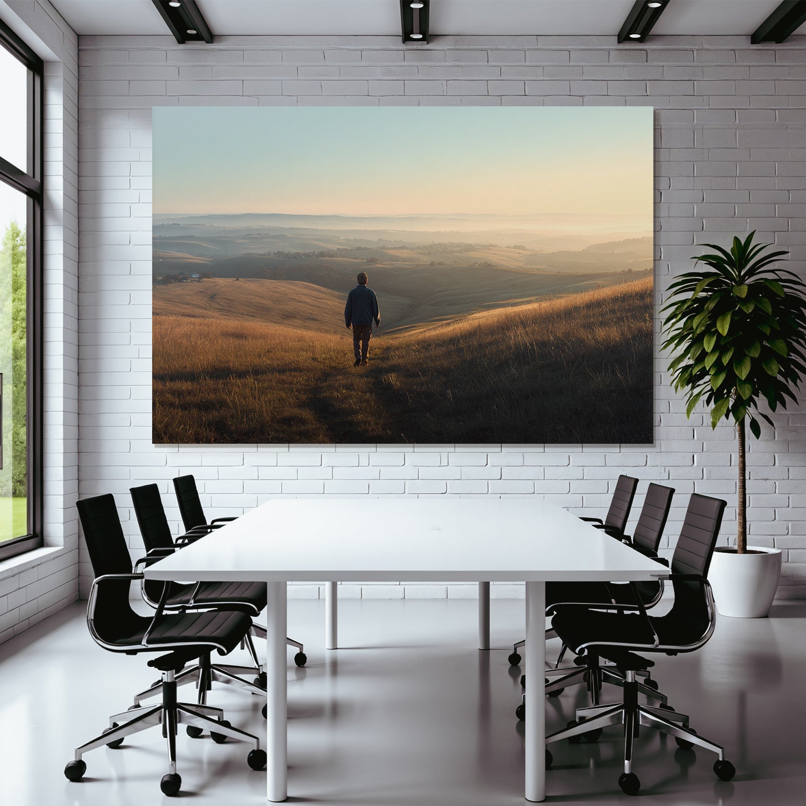 Ruhige Landschaft Bei Sonnenaufgang Oder Sonnenuntergang Mit Person Am Weg