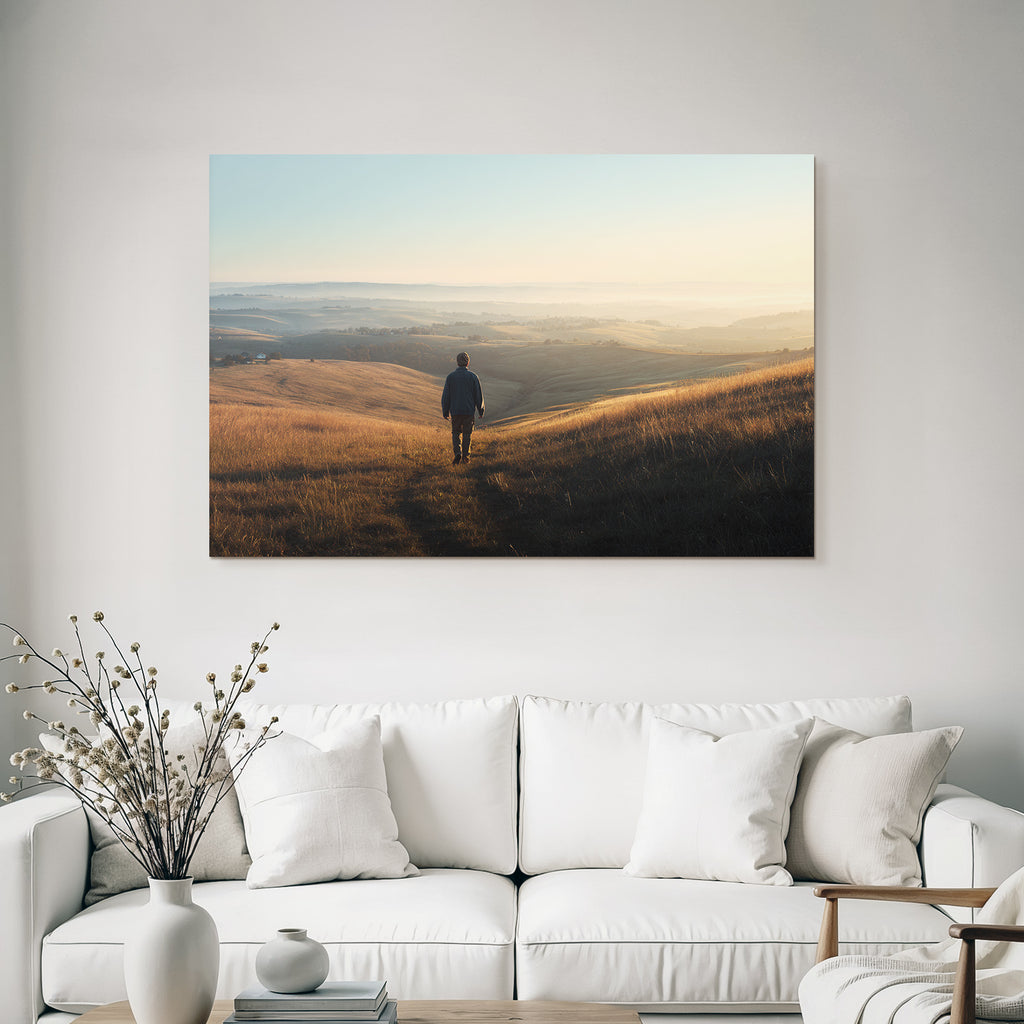 Ruhige Landschaft Bei Sonnenaufgang Oder Sonnenuntergang Mit Person Am Weg