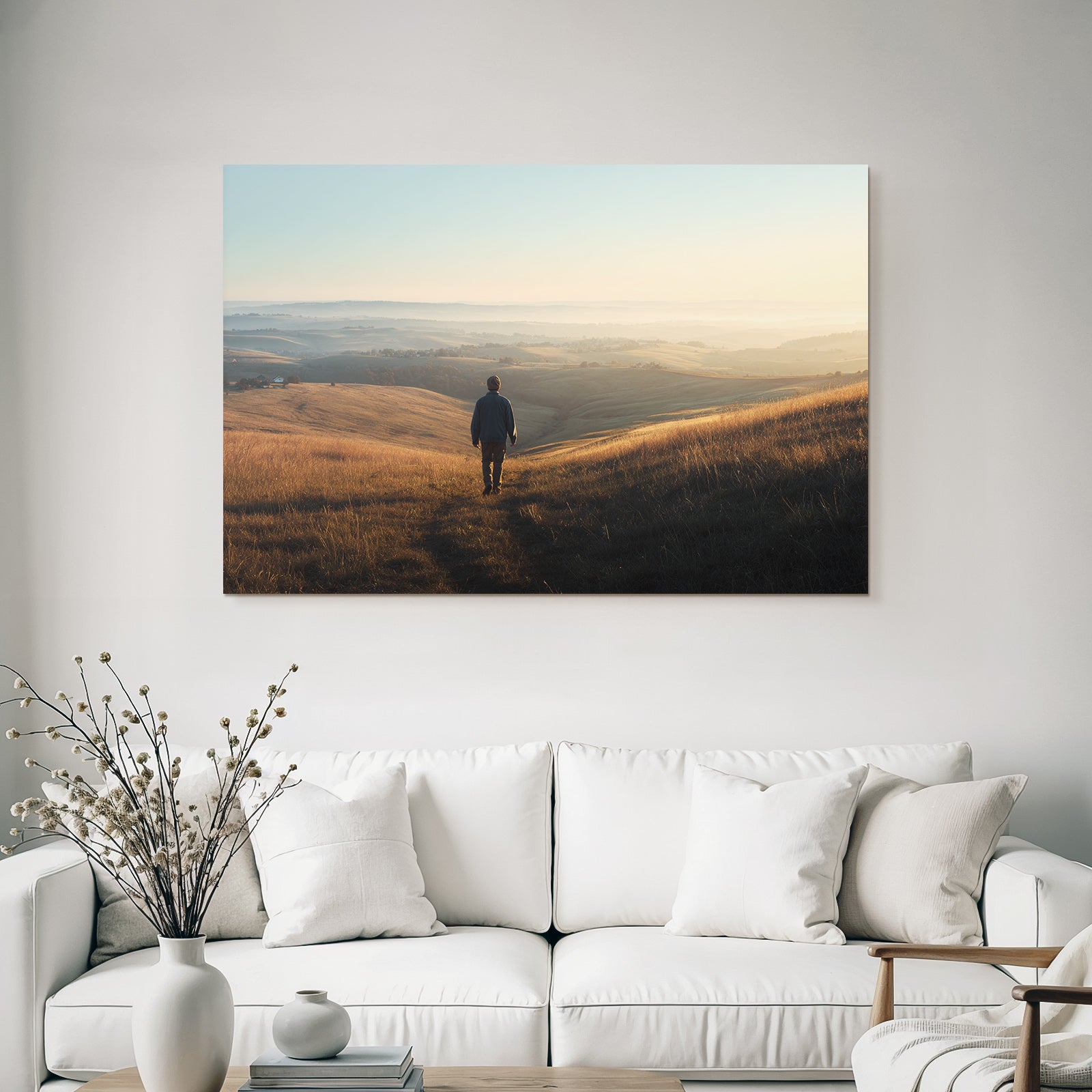 Ruhige Landschaft Bei Sonnenaufgang Oder Sonnenuntergang Mit Person Am Weg