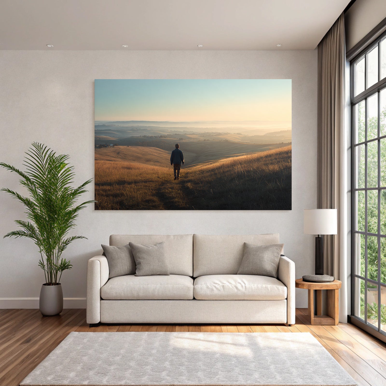 Ruhige Landschaft Bei Sonnenaufgang Oder Sonnenuntergang Mit Person Am Weg